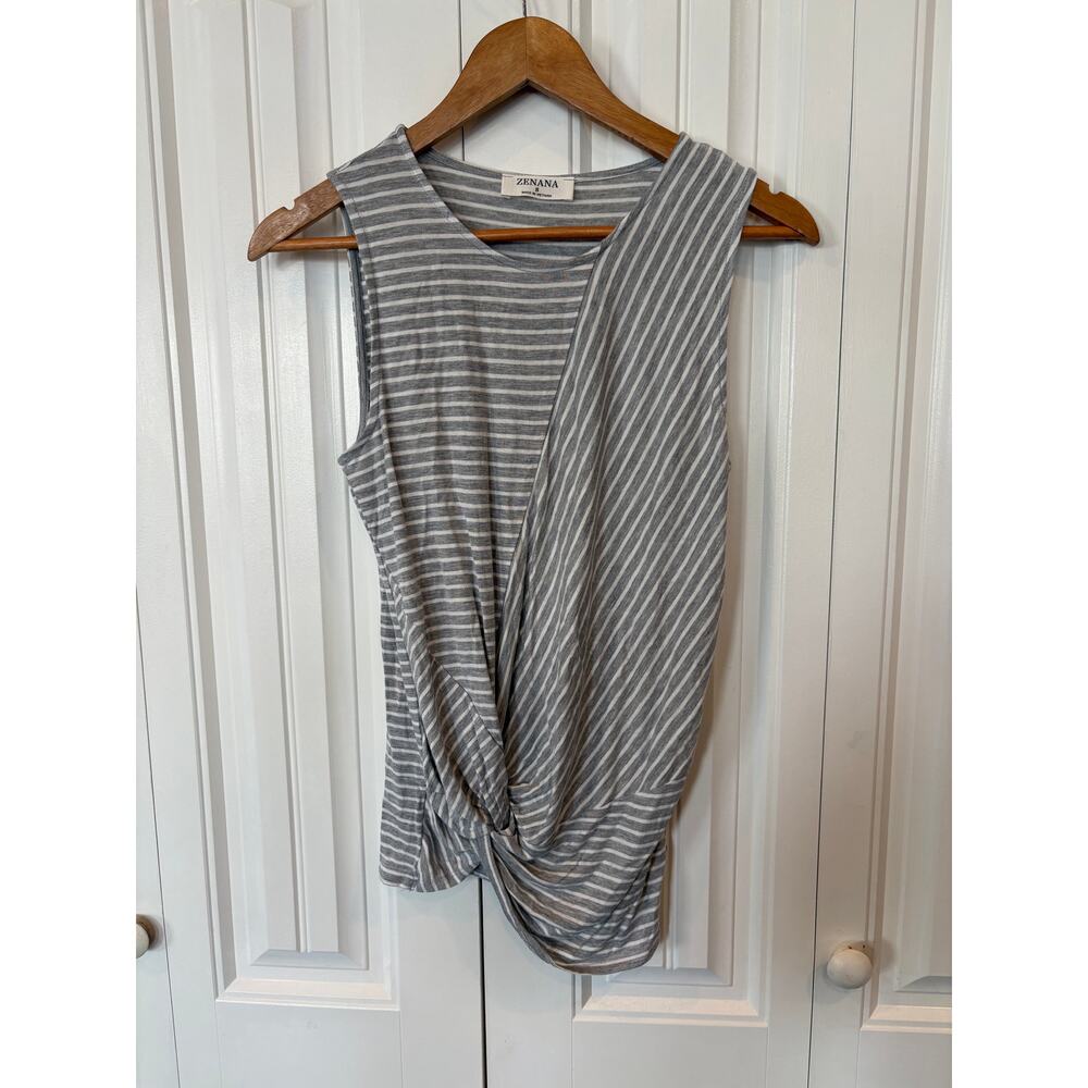 Zenana Gray And White Stripe Twist Hem Tank Top Size Small